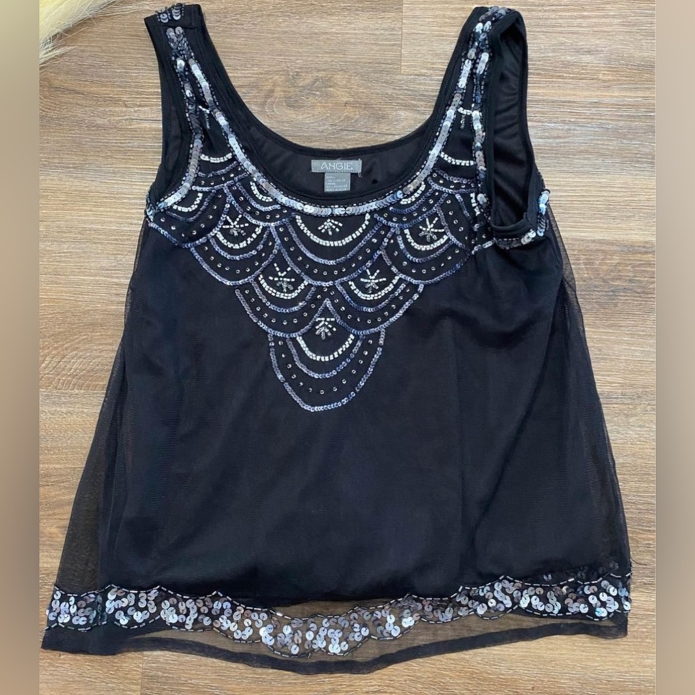 Small Angie Sequin Black Mesh Bead Detail Women’s Blouse Tank Top Elegant